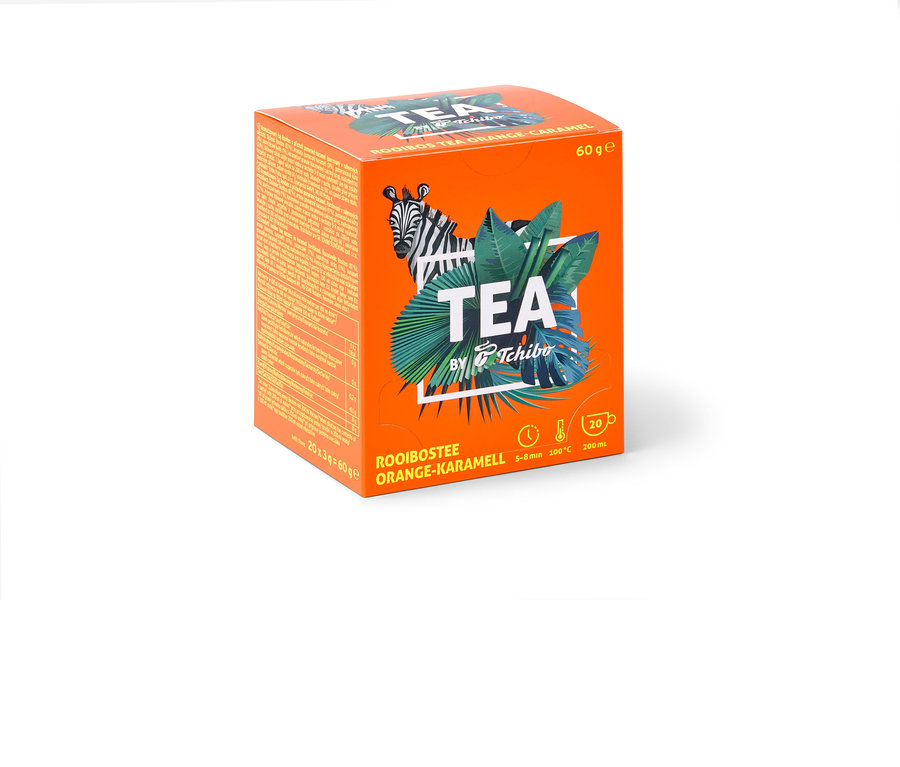 Une boîte orange de TEA by Tchibo Rooibos orange-caramel – 8x 20 sachets.