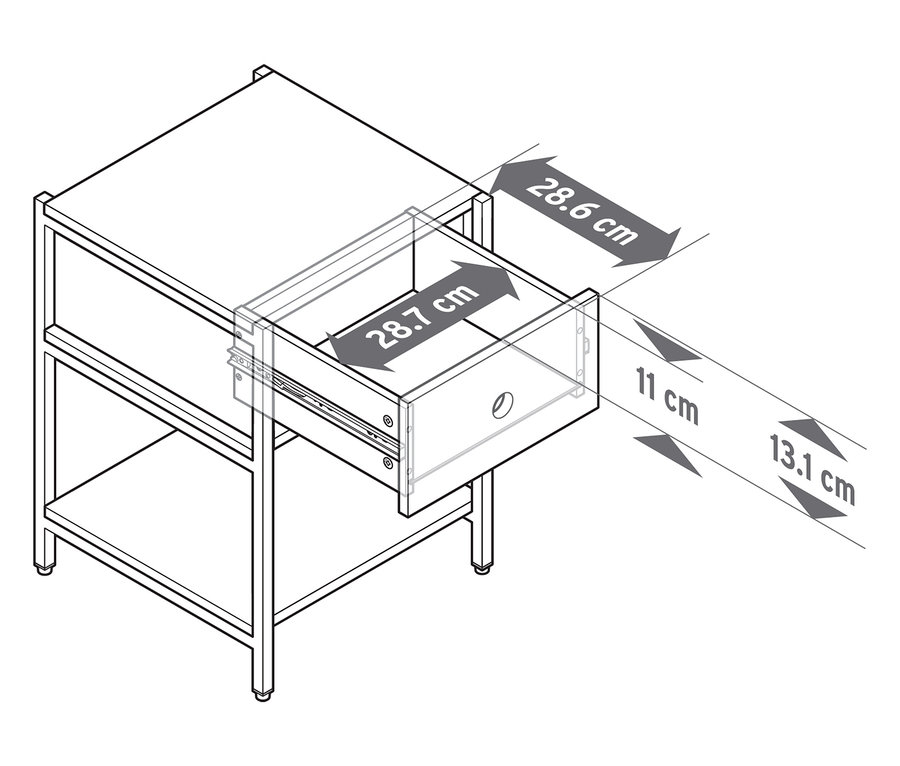 Dessin d'une table de chevet avec un tiroir ouvert et les dimensions.