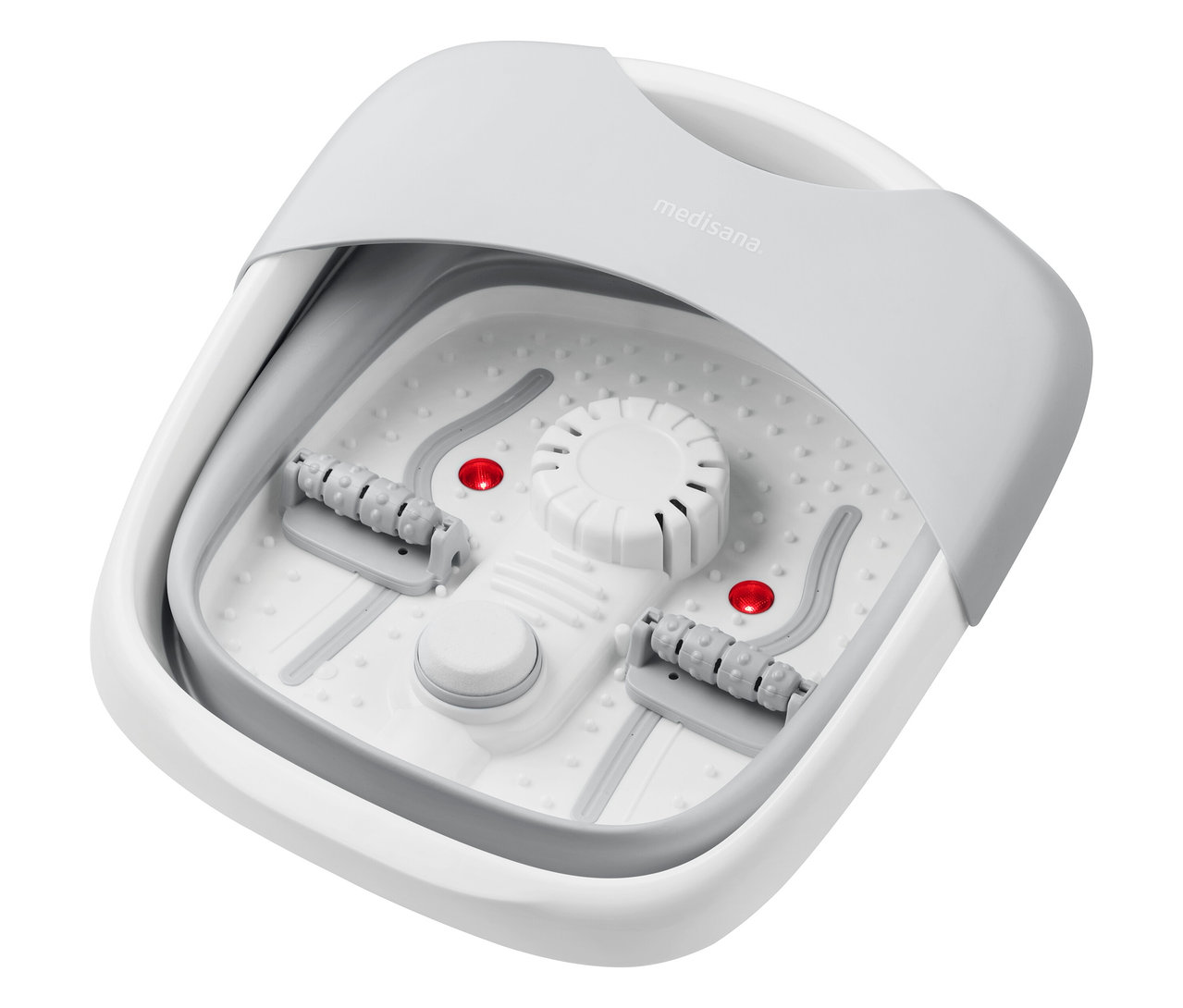 L'image montre un bain de pieds bouillonnant pliable medisana en gris et blanc.