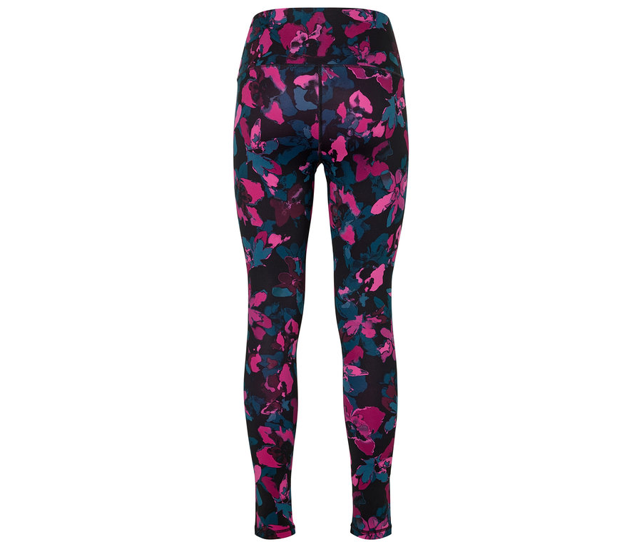 Leggings noirs avec motif floral rose et bleu.