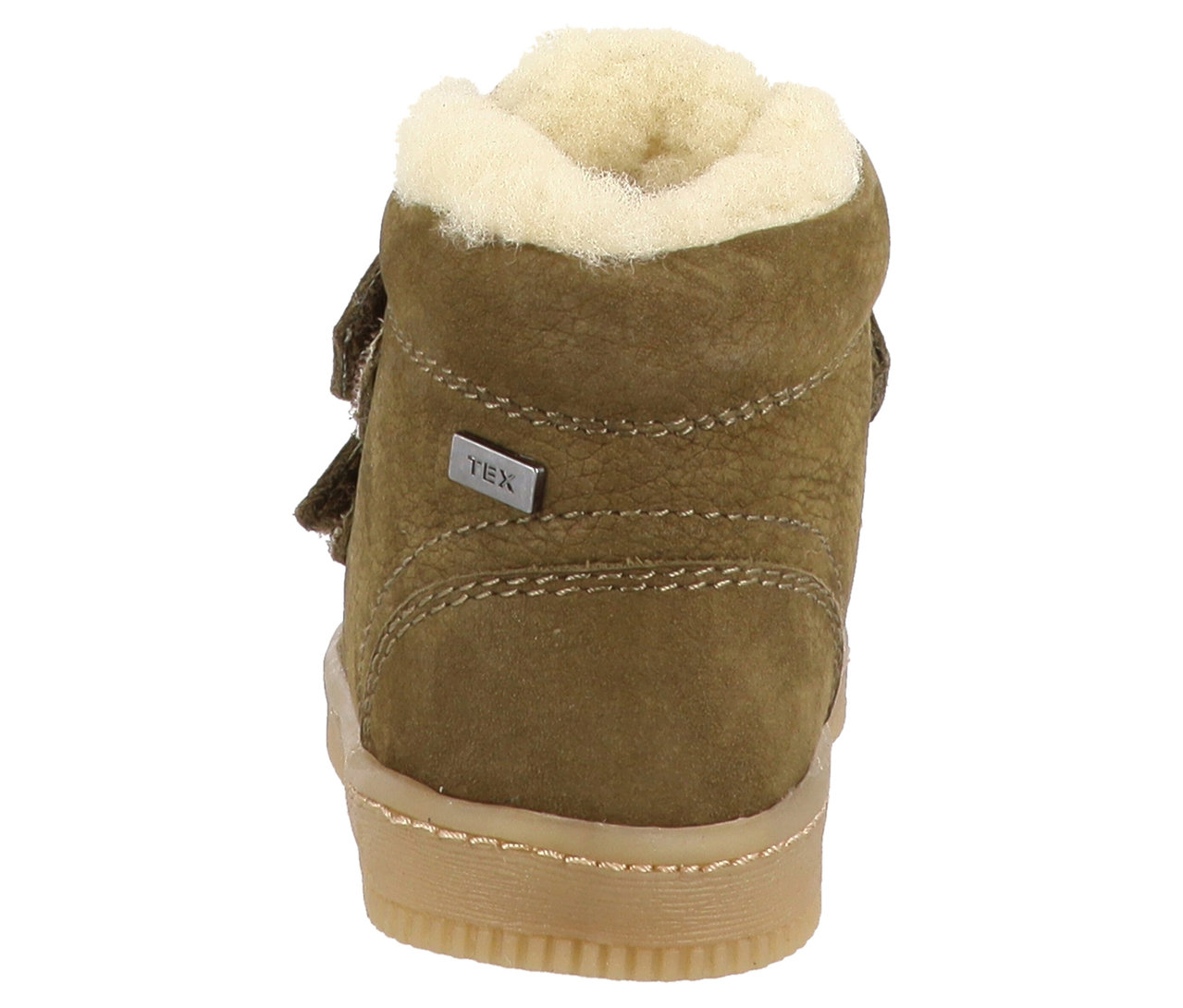 Vue arrière de la botte pour enfant vert olive LURCHI »Felix Barefoot-TEX« avec semelle et bordure beige.