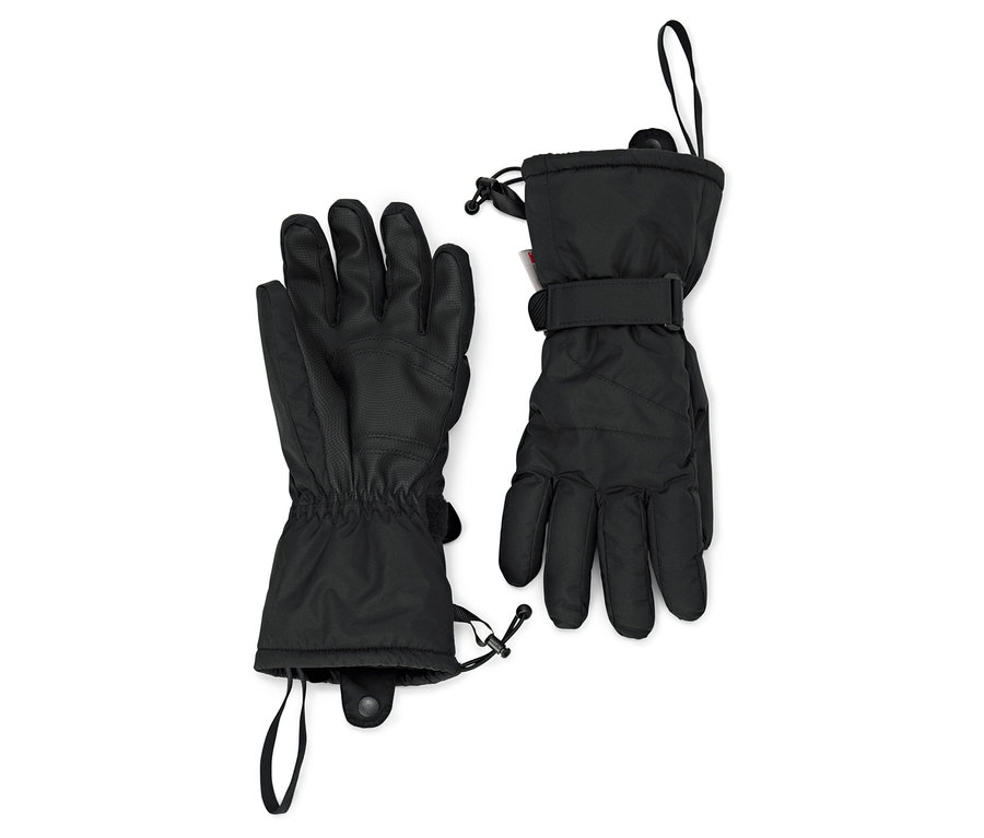 Deux gants de ski noirs avec des sangles réglables reposent sur un fond blanc.