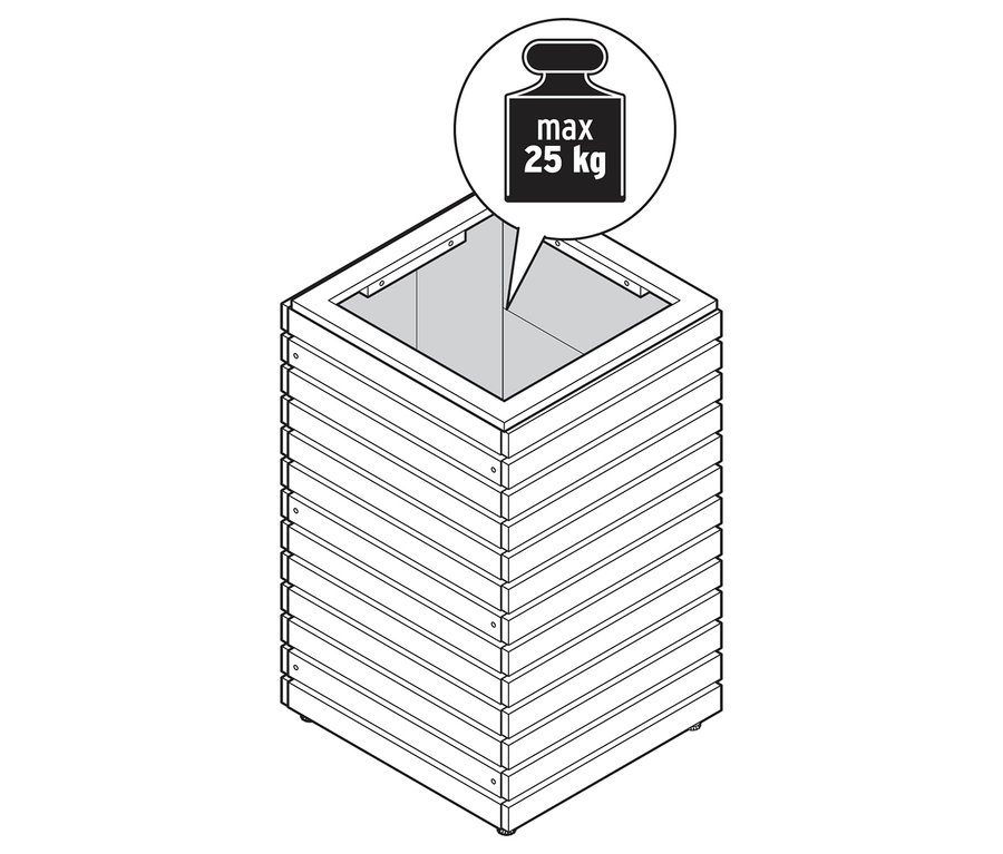 Illustration d'un pot de fleurs avec une capacité de charge maximale de 25 kg.