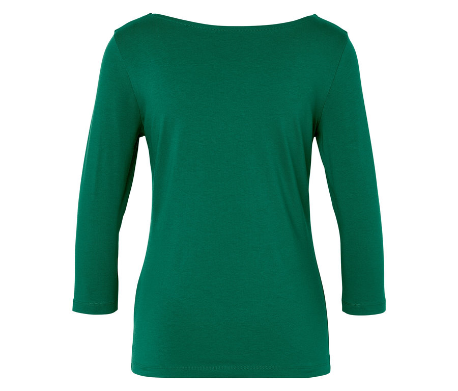 Haut vert à manches trois-quarts et encolure bateau.