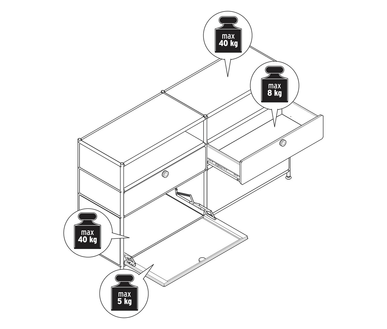 Schéma d'un buffet en métal «
CN3
» avec 2 abattants, 2 tiroirs et 2 compartiments ouverts.