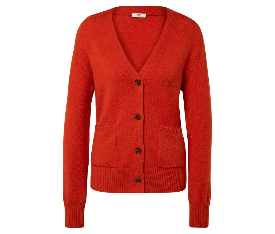 Cardigan tricoté orange à manches longues, col en V et boutons.