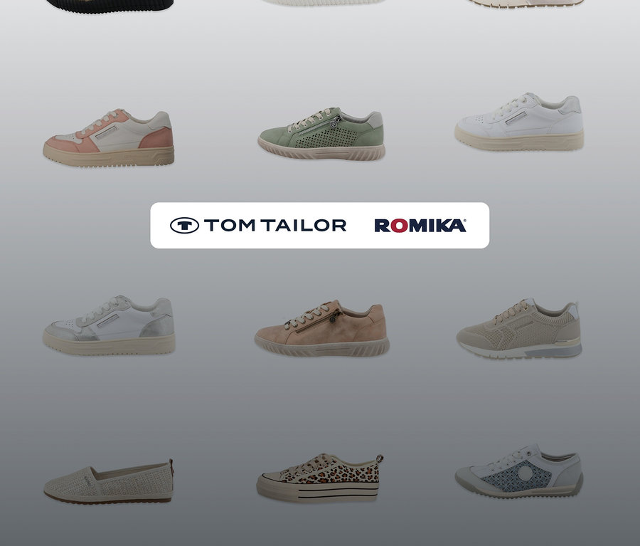 Une collection de chaussures des marques Tom Tailor et Romika, comprenant des sandales et des baskets. On voit des Sandales Romika, PU sable.