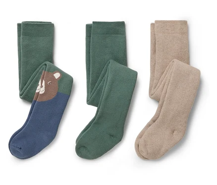 Trois paires de collants pour enfants : une avec un ours brun sur fond bleu, une verte et une beige.