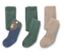 Trois paires de collants pour enfants : une avec un ours brun sur fond bleu, une verte et une beige.
