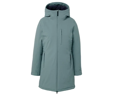 Manteau d'hiver bleu turquoise avec capuche et fermeture éclair.