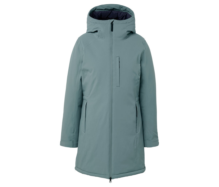 Manteau d'hiver bleu turquoise avec capuche et fermeture éclair.