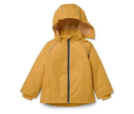 Veste jaune à capuche avec fermeture éclair bleue.