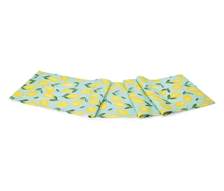 Chemin de table bleu clair à motifs de citron.
