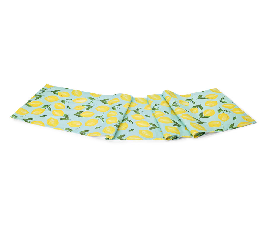 Chemin de table bleu clair à motifs de citron.