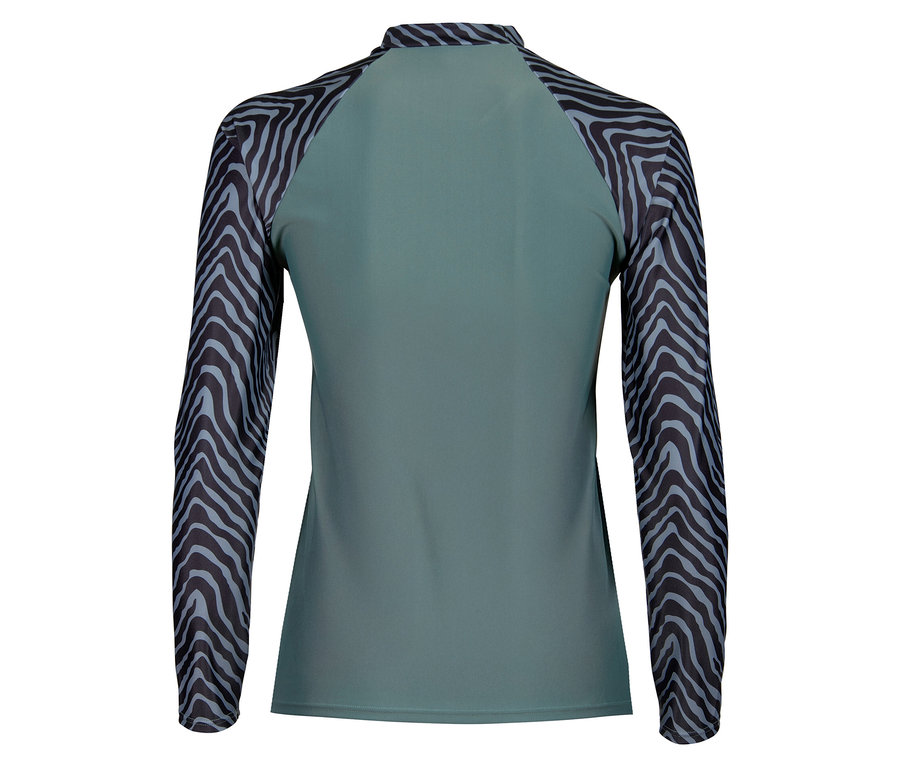 Vue arrière d'un haut moulant à manches longues avec un motif zébré.