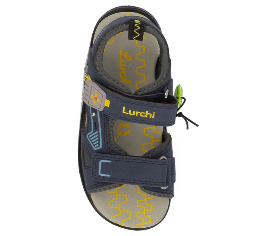 Sandale LURCHI « Kodo » bleu marine pour garçon, vue de dessus, avec deux velcros et motifs jaunes sur la semelle intérieure grise.