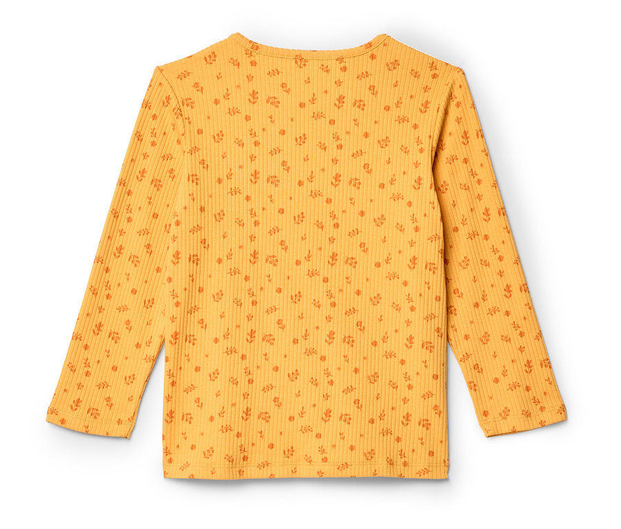 T-shirt jaune à manches longues côtelé avec motif floral orange, photographié de dos.