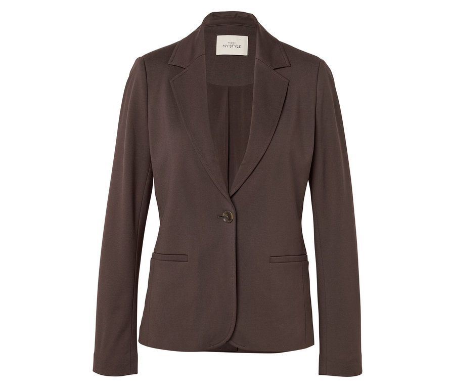 Blazer en jersey marron avec un bouton, des revers et deux poches avant.