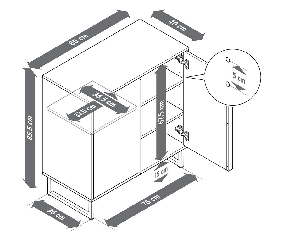 Illustration d'une commode «
LEEG
» avec 2 portes et indications de dimensions.