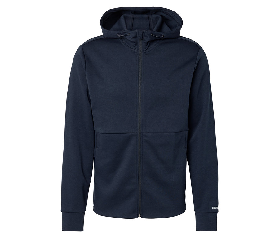 Veste à capuche zippée bleu marine.