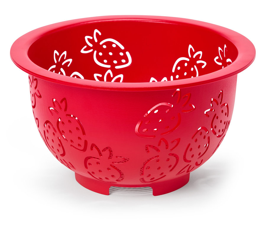Passoire rouge avec motif fraises.