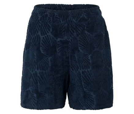 Gros plan d'un short bleu marine avec une ceinture élastique et un motif de palmier.