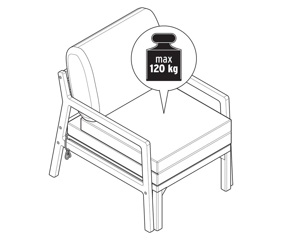 Représentation d'un fauteuil de jardin extensible pouvant supporter un poids maximum de 120 kg.