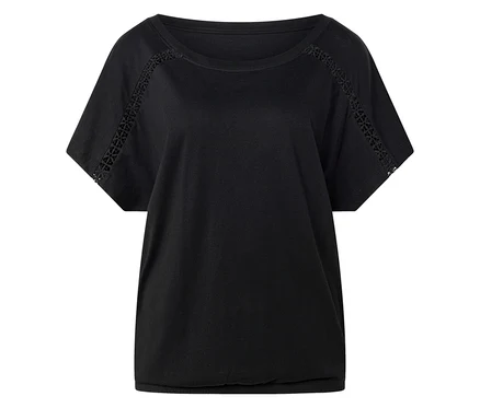 T-shirt noir à manches courtes avec motif ajouré le long des épaules.