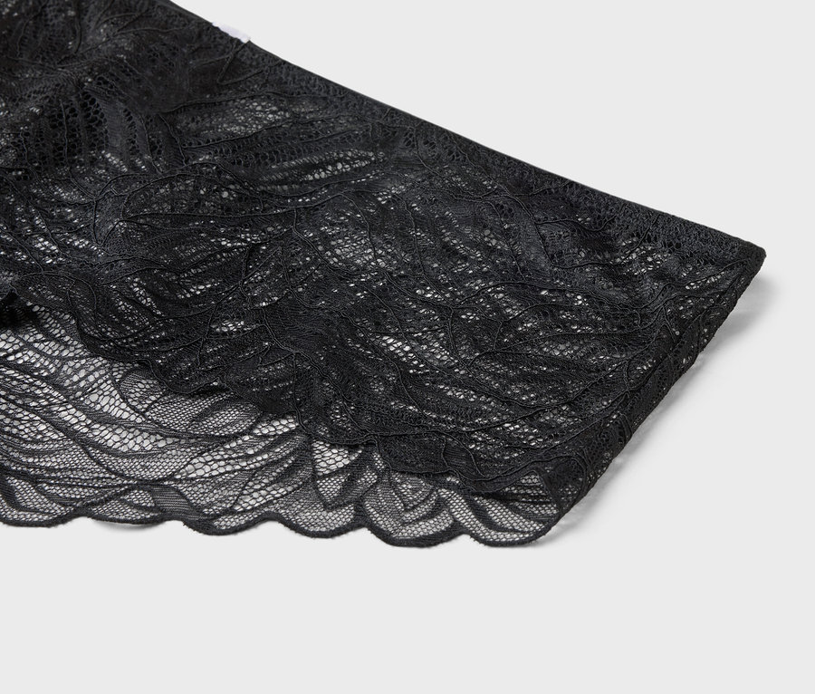 Gros plan de dentelle noire sur fond clair.