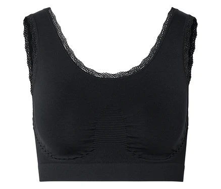 Soutien-gorge de sport noir avec bordure en dentelle à l'encolure et aux bretelles.