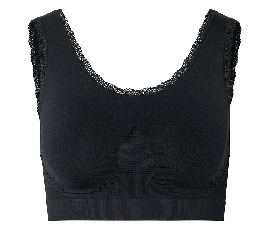 Soutien-gorge de sport noir avec bordure en dentelle à l'encolure et aux bretelles.