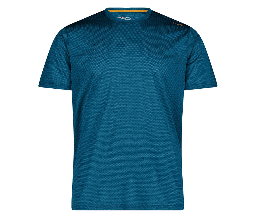 Le T-shirt bleu CMP pour homme en maille piquée est posé sur un fond blanc.