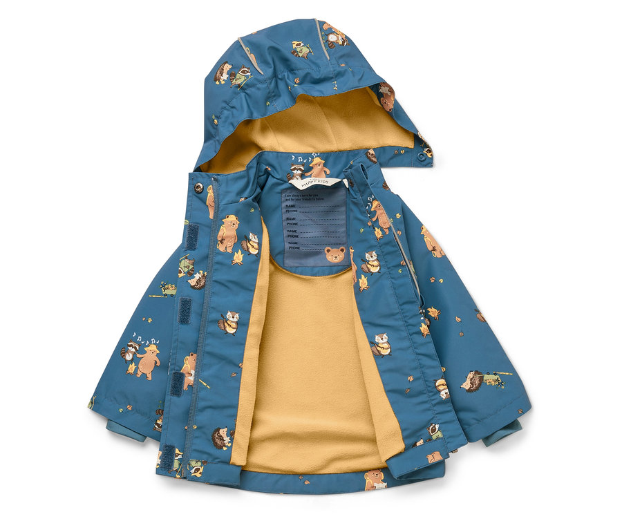 Veste ouverte bleue pour enfant avec capuche, motif animalier et doublure jaune.