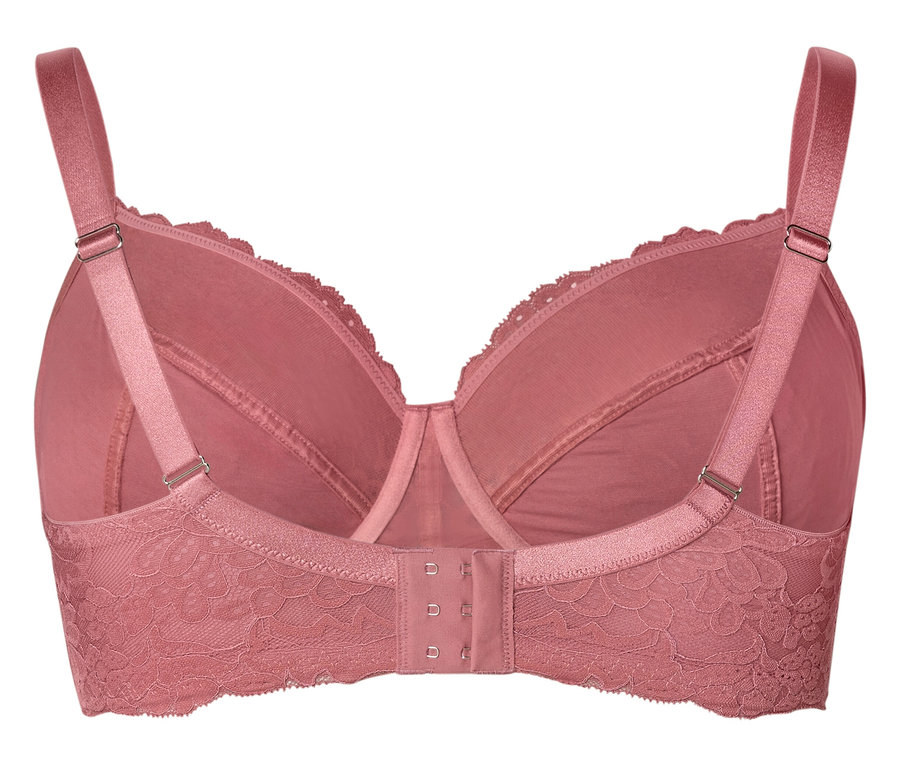 Vue arrière d'un soutien-gorge rose avec bretelles réglables et fermeture à agrafes.