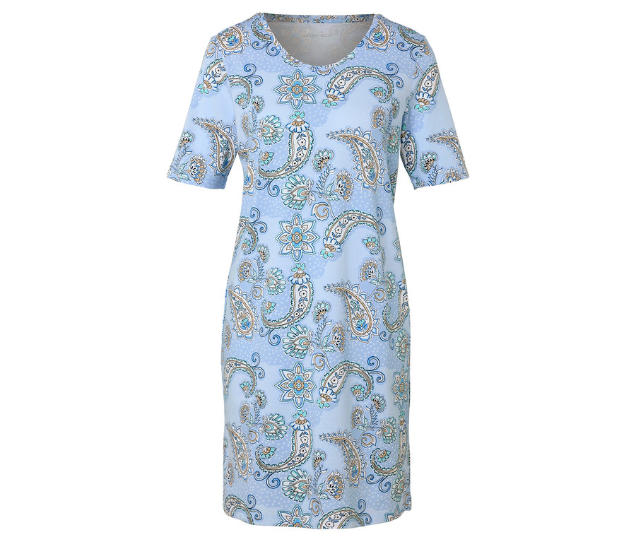 Une robe bleu clair avec un motif de fleurs et de cachemire.