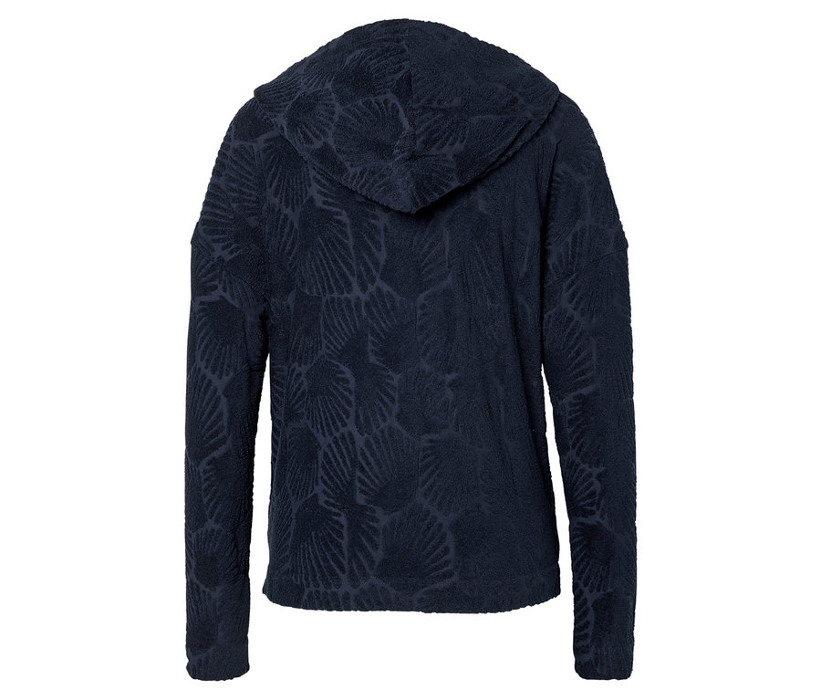 Vue arrière d'un sweat à capuche bleu marine orné de motifs de coquillages stylisés.