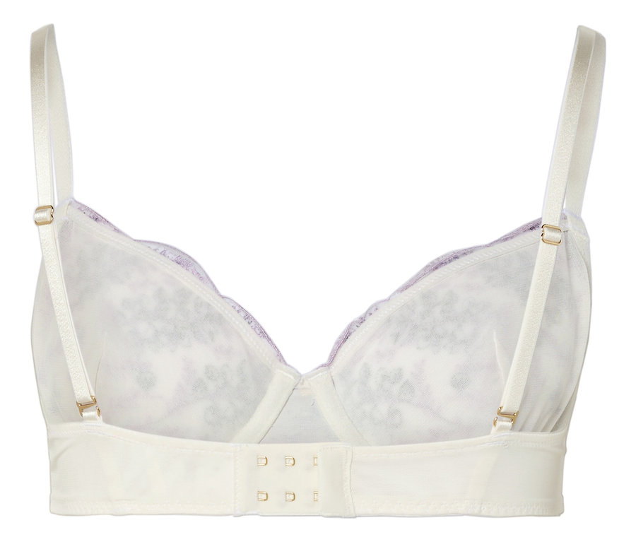 Vue arrière d'un soutien-gorge blanc avec de la dentelle violette et des bretelles réglables.