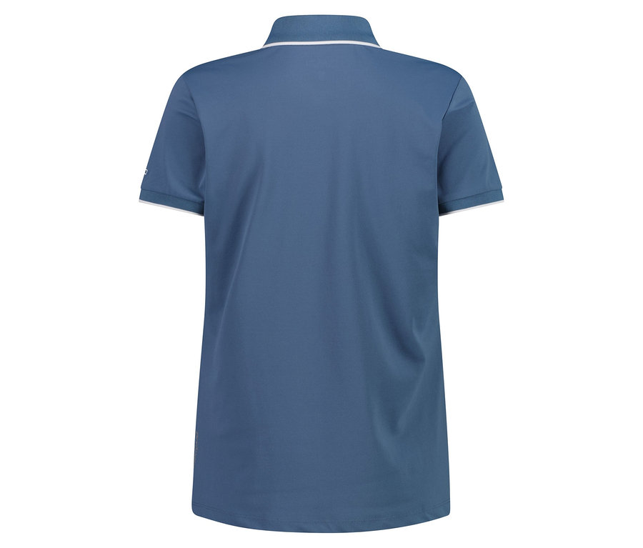 Vue arrière d'une robe polo bleue avec des accents blancs sur le col et les manches.