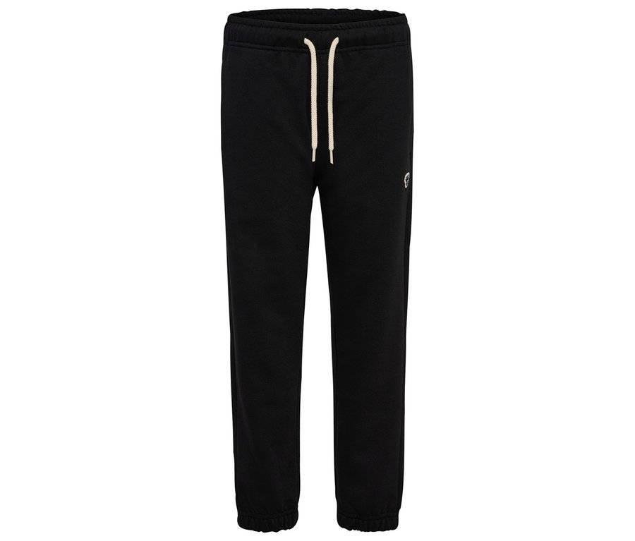 Pantalon de survêtement ample hummel® HMLJR Bee noir avec cordon de serrage et petit logo sur la jambe.