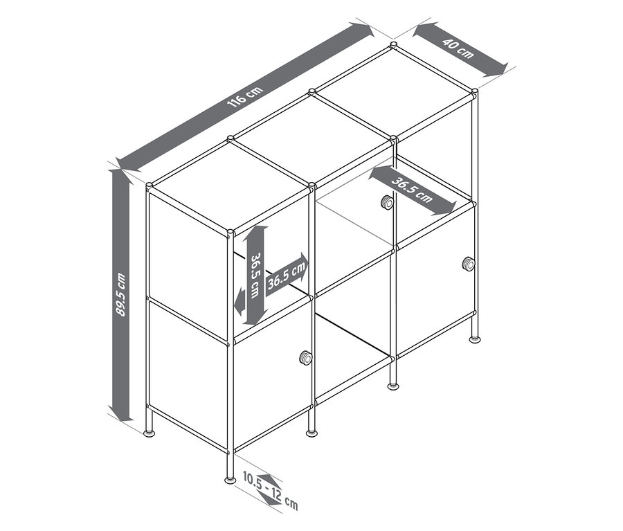 Vue de dessus d'un buffet métallique « CN3 Kids » à trois portes, couleur pistache et gris clair, avec dimensions.