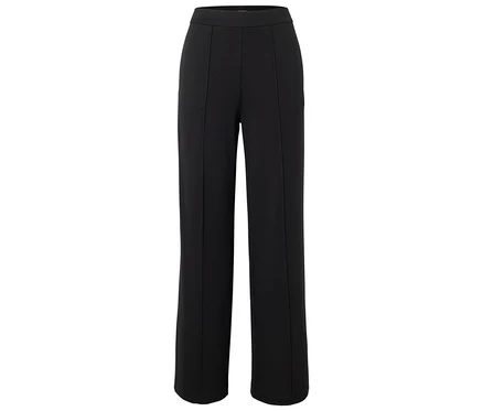 Pantalon noir taille haute à jambes droites avec plis.