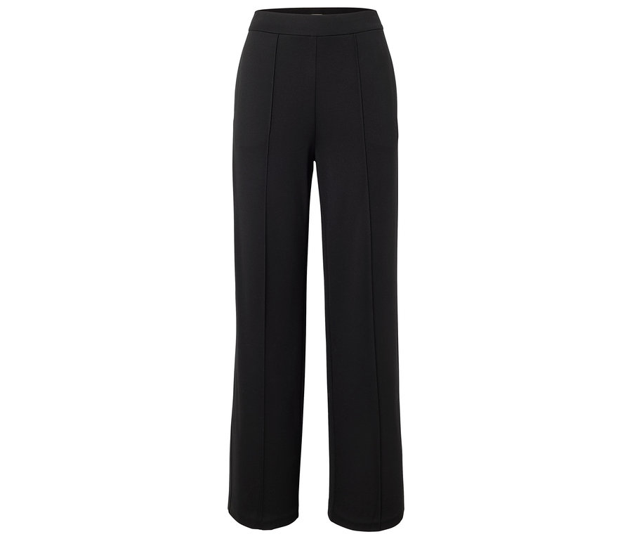 Pantalon noir taille haute à jambes droites avec plis.