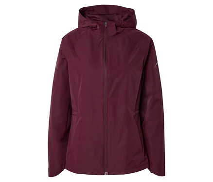 Veste de pluie bordeaux doublée avec capuche et fermeture éclair intégrale.