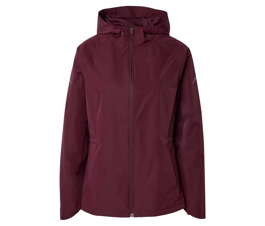Veste de pluie bordeaux doublée avec capuche et fermeture éclair intégrale.