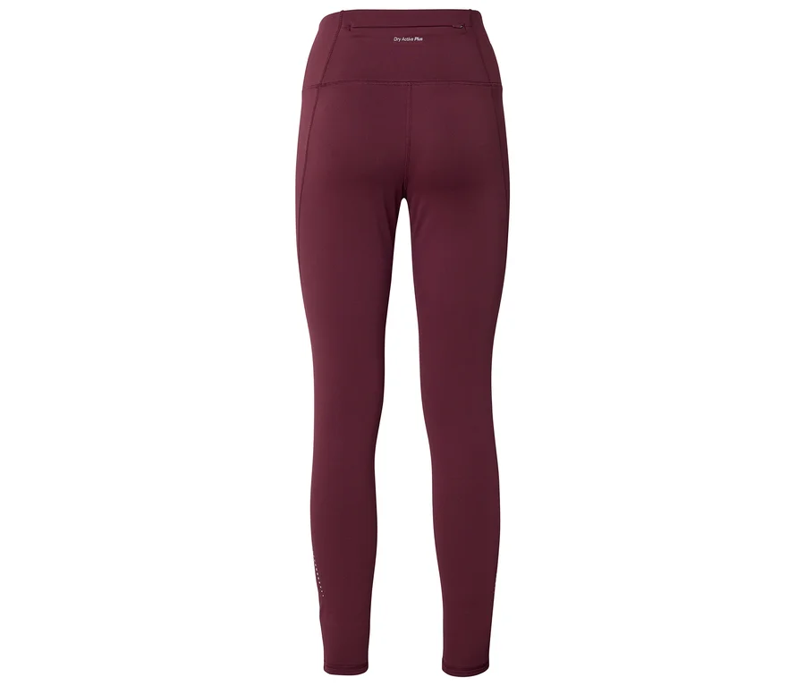 Vue arrière d'un legging bordeaux avec une taille haute et des jambes fuselées.