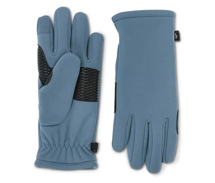 Une paire de gants bleus est posée côte à côte, le gant gauche étant posé à plat sur la paume.