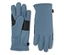 Une paire de gants bleus est posée côte à côte, le gant gauche étant posé à plat sur la paume.