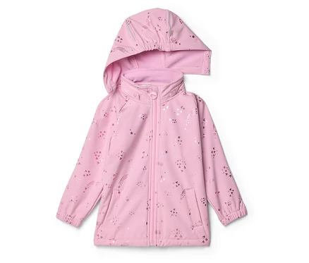 Veste rose pour enfant avec capuche et fermeture éclair, ornée d'étoiles et de comètes.