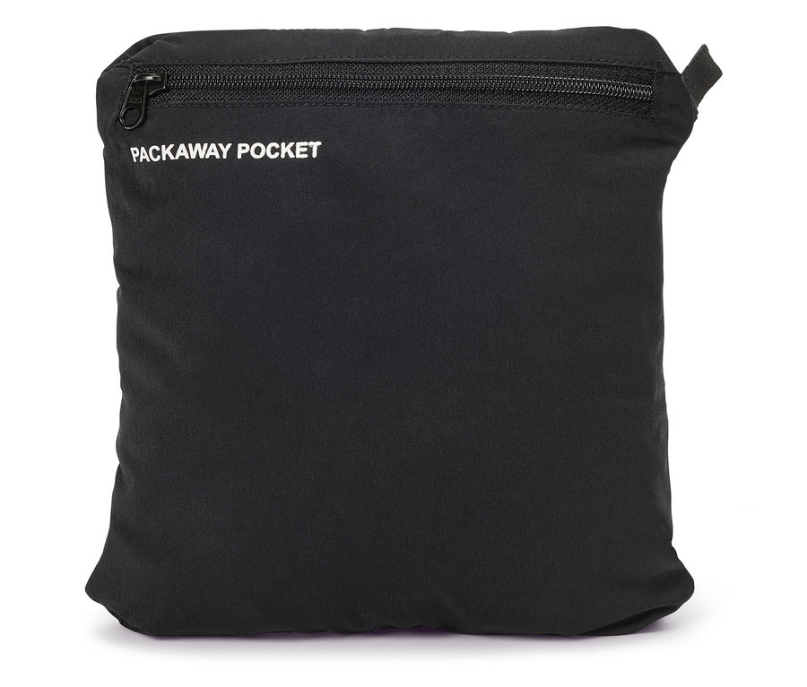 Pochette noire rectangulaire pliable avec une fermeture éclair sur le dessus et l'inscription « PACKAWAY POCKET ».