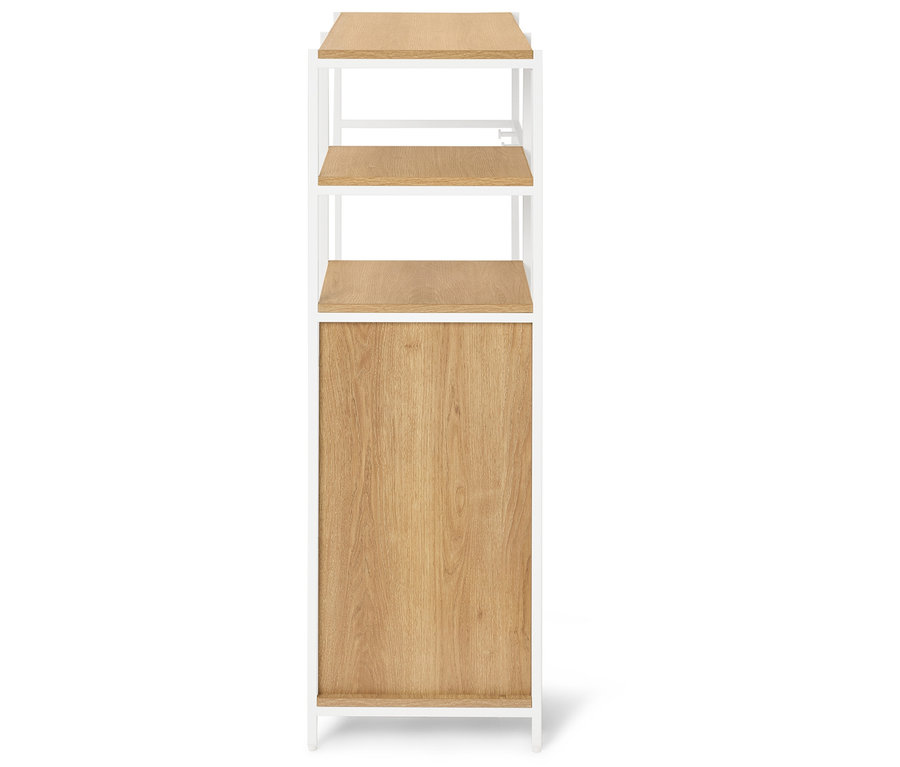 Étagère avec cadre blanc, étagères en bois et une porte en bois dans la partie inférieure.